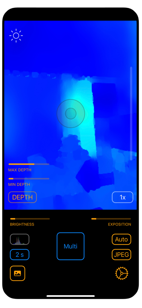 Pro Raw Camera DNG - Interfaz de Pro Raw Camera DNG que muestra un mapa de profundidad LiDAR y controles de fotografía manual.