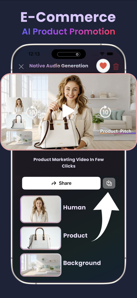 Bing AI: bing image creator - Mobile app interface showing AI product promotion video creator with separate categories for human product and background assets