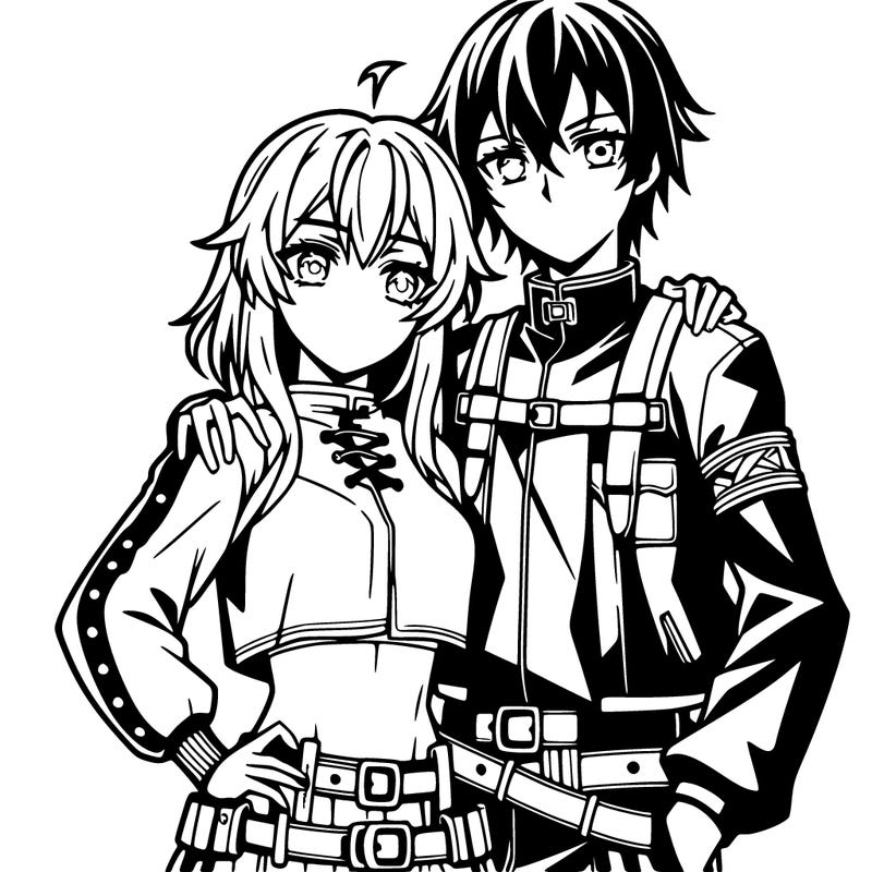 anime girl wearing a long sleeve crop top and anime guy wearing a leather jacket and hugging her