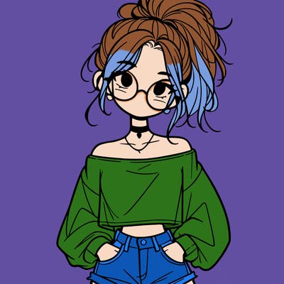 girl with a messy ponytail glasses a baggy crop top and jean shorts