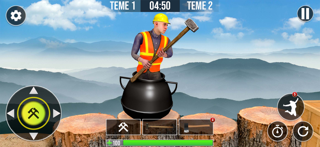 Pot Man Mountain Climbing Game - Pot Man character sitting in a black pot holding a sledgehammer in a mountain landscape