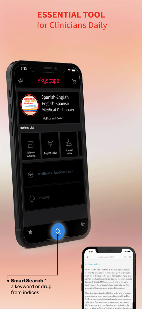Spanish-English-Spanish Dict - Interfaz de la aplicación Diccionario Médico Español-Inglés que muestra funciones de búsqueda e índices clínicos