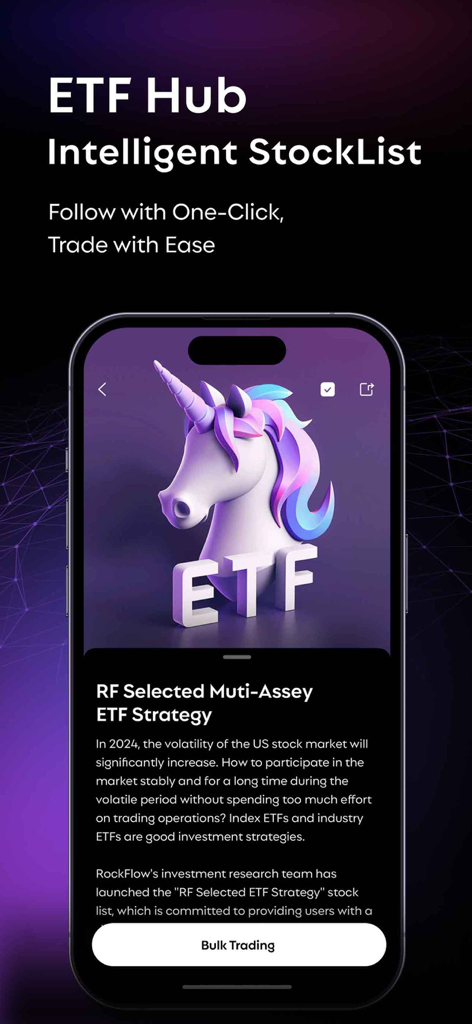 Interfaz de la aplicación RockFlow mostrando el ETF Hub con estrategias de inversión multiactivos y un botón de operación masiva.