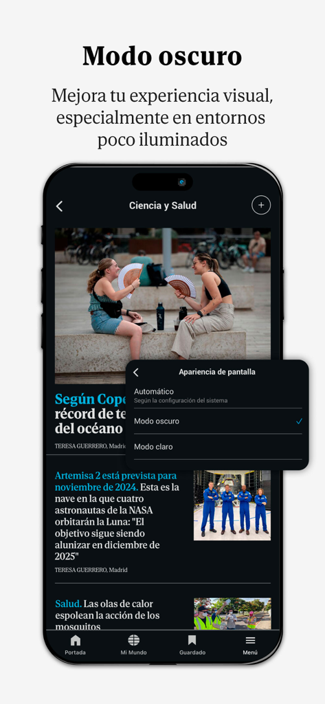 El Mundo - Diario online - El Mundo news app interface displaying the dark mode feature for low light reading