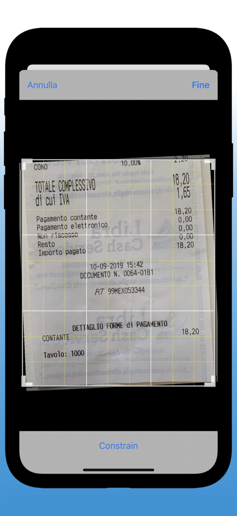 A mobile interface of the aBill app showing a receipt being cropped and scanned for digital record keeping.