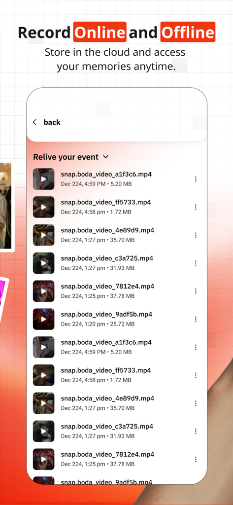 Snap360 app interface showing a list of recorded event videos with cloud and offline storage options