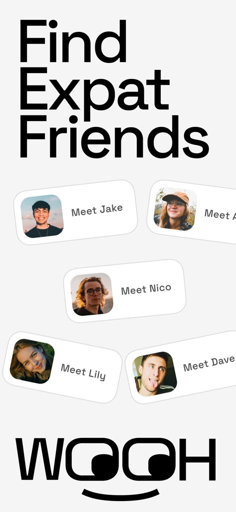 Wooh: meet new friends - Wooh app screen displaying the text Find Expat Friends with user profile cards for meeting new people.