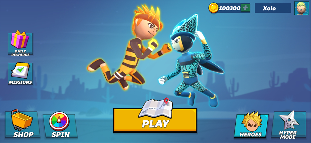 Main menu of Stick Fight Karate Warriors featuring two stylized stickman fighters in a combat pose.