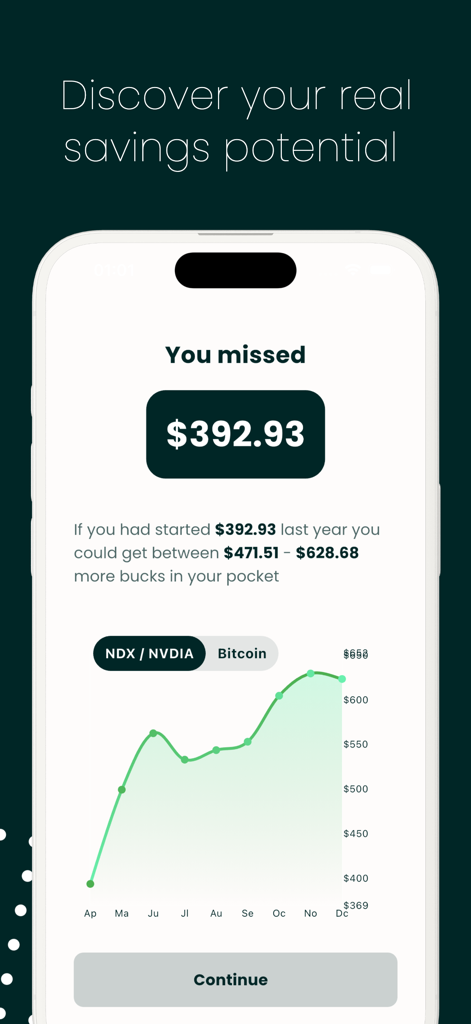 Pantalla de calculadora de ahorros en la aplicación Puff Counter AI que muestra el crecimiento potencial de inversiones y los ahorros perdidos por vapear.