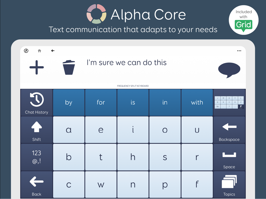 Alpha Core text communication keyboard on Grid for iPad.