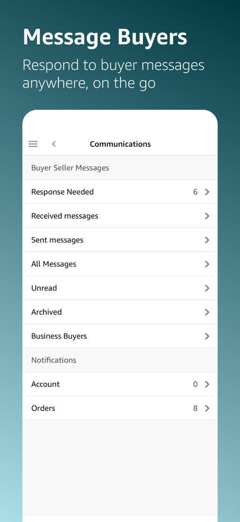 Amazon Seller app interface for managing and responding to buyer messages on the go