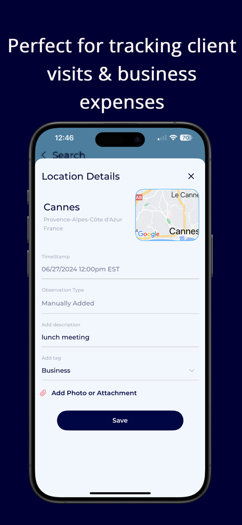 Chrono: Time in Place - Interface of the Chrono app showing location details for a business meeting in Cannes France