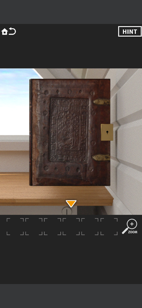 Room Escape [SECRET CODE 4] - A close-up of a locked vintage leather book on a wooden shelf in the Room Escape Secret Code 4 game.