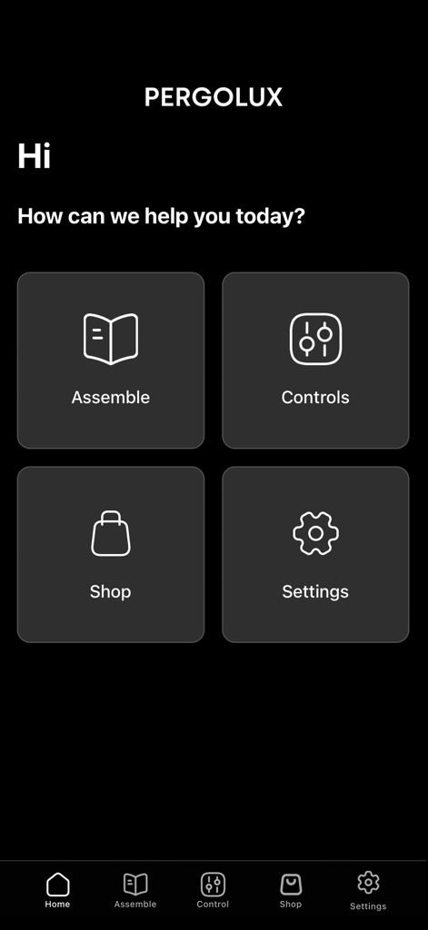 Pergolux - Main dashboard of the Pergolux lifestyle app featuring assembly manuals and remote controls