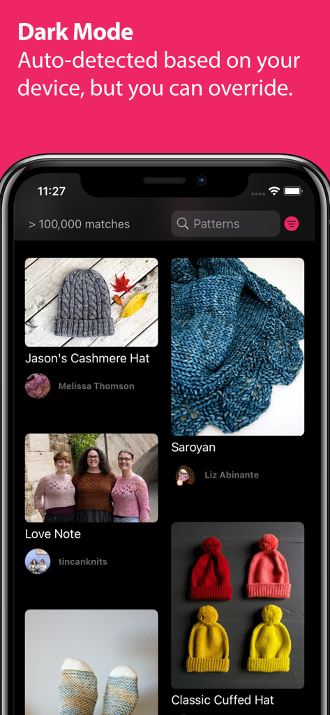 Ravit mobile app interface in dark mode displaying various knitting patterns and search results.