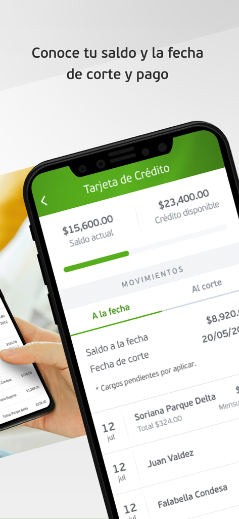 Tarjeta Falabella México - Pantalla de smartphone mostrando el saldo de la tarjeta de crédito y transacciones recientes en la app Tarjeta Falabella México