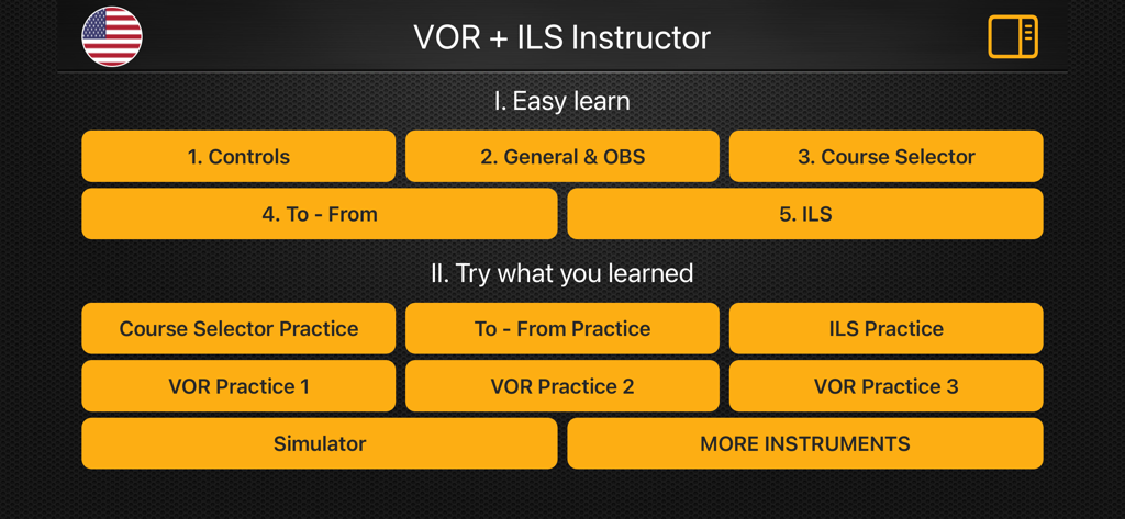 VOR + ILS Trainer – IFR Pilot - Main menu of the VOR and ILS Trainer app showing navigation learning modules and practice exercises for student pilots.