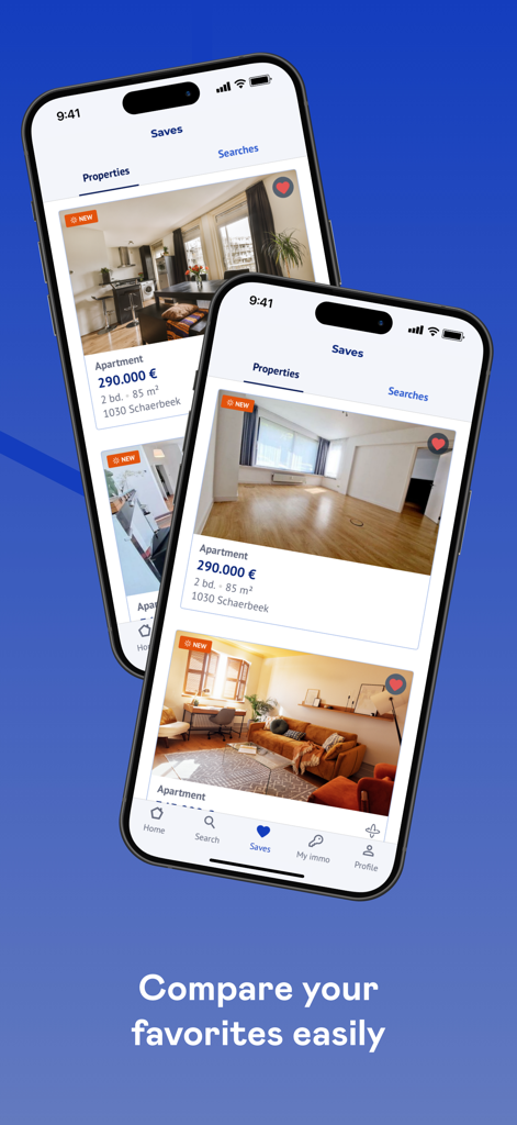 Immoweb app interface showing a list of saved apartments for easy comparison