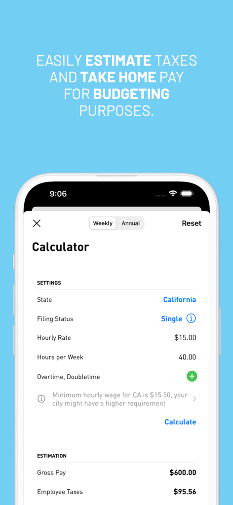 Nest Payroll app interface showing a calculator to estimate taxes and take home pay for household employees