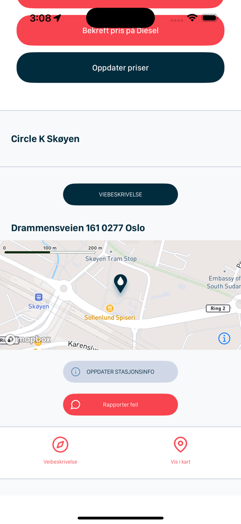 BensinPris - BensinPris app interface showing a gas station map in Oslo with buttons to update prices and get directions