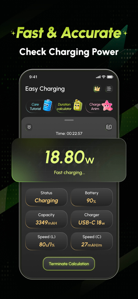 Real time charging power and battery health metrics display in Battery Care plus app