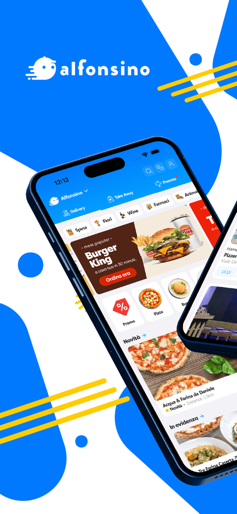 フードデリバリーやローカルサービスオプションが表示されたAlfonsinoアプリのスマートフォンのインターフェース