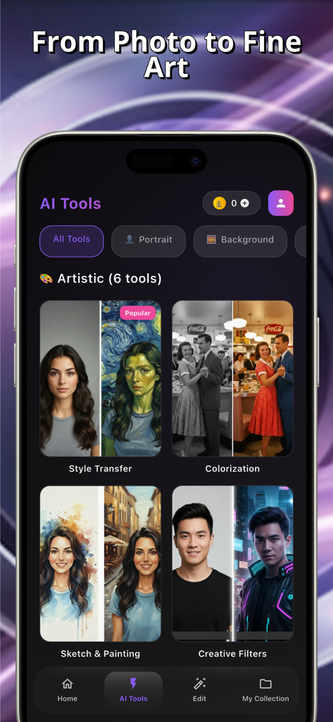 Photogenic AI - Photo Editor - Interfaz de la aplicación Photogenic AI mostrando herramientas de transformación de fotos artísticas, incluyendo transferencia de estilo y colorización