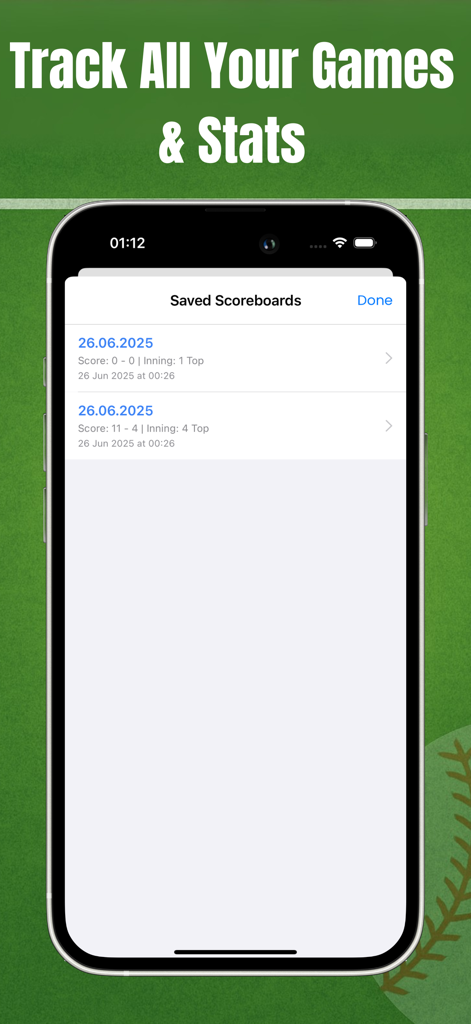Pitch Counter - Radar Gun FYNX - A mobile screen showing the saved scoreboards list with game scores and stats in the Pitch Counter app