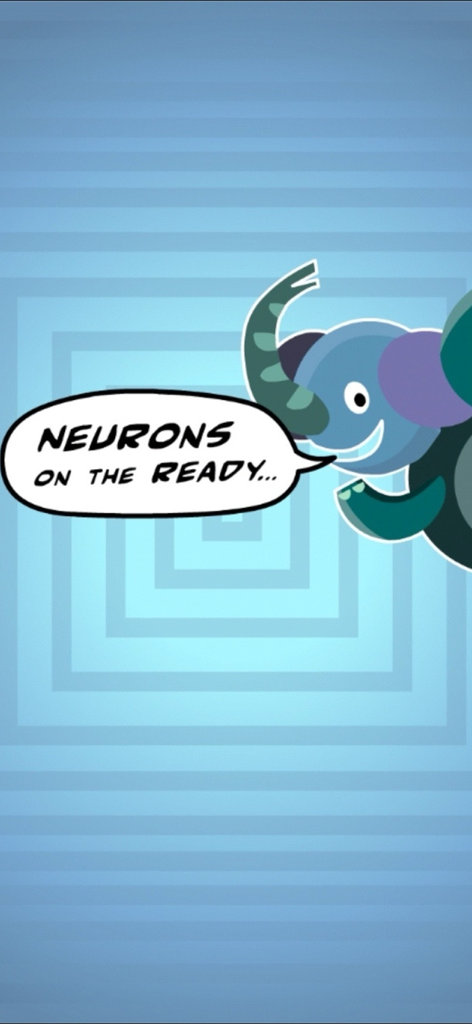 Zogaj Memo Gym - Cartoon elephant character with a speech bubble saying Neurons on the ready