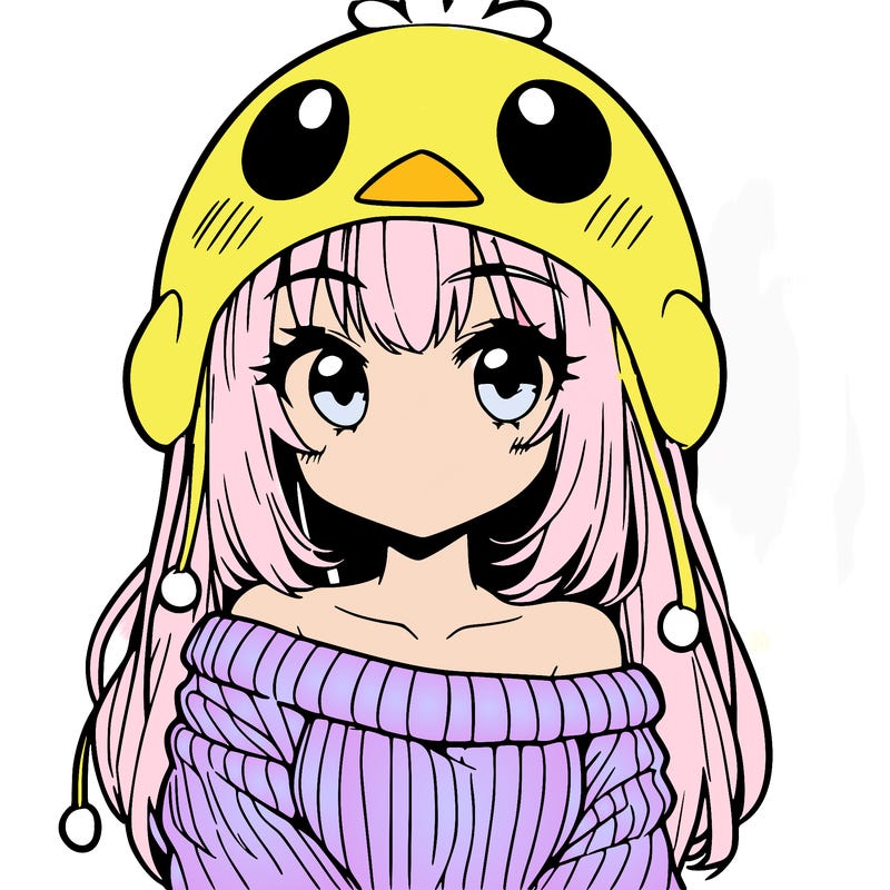 anime girl with chick shaped hat with sweater with bare shoulders with bangs covering them one eye with low tail