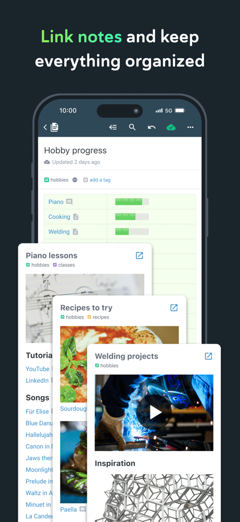 Amplenote - Amplenote app showing organized hobby notes with bi-directional linking and tags