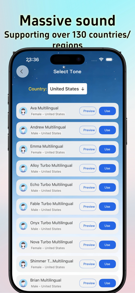 Text to Speech - With Emotion - Captura de pantalla de la pantalla de selección de voz en la aplicación Texto a Voz que muestra una lista de voces de IA masculinas y femeninas para los Estados Unidos.