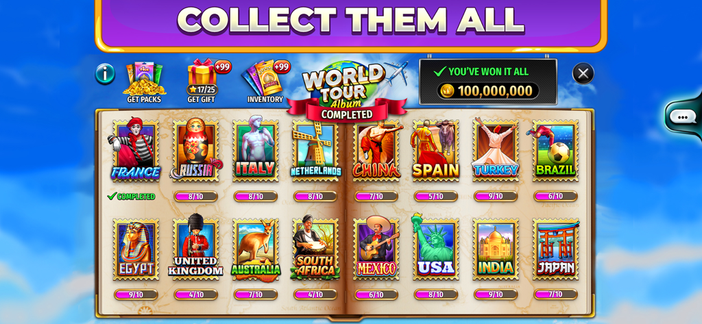 Rummy Rush - Classic Card Game - A completed World Tour stamp collection album in Rummy Rush featuring international landmarks and a large chip reward.