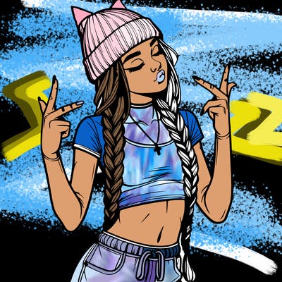 realistic teenage girl with braids and a beanie and crop top doing 🫶🏼