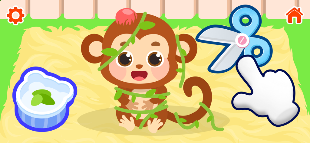 Animal Hospital — Baby Games - A cartoon monkey trapped in vines being rescued with scissors in the Animal Hospital baby game