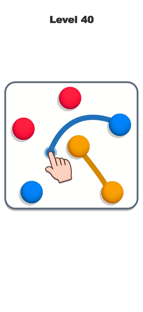ボールコネクトパズルのゲームプレイ。レベル40で、手が青いドットを繋いでいる様子。