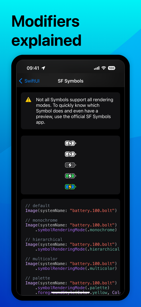 Screenshot of Swifter for SwiftUI app showing SF Symbols rendering mode modifiers with visual previews and code snippets.