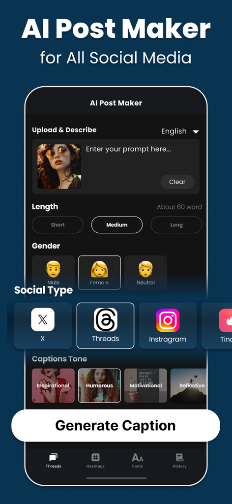 AI Social Media Post Maker - Interface do aplicativo móvel para gerar legendas para redes sociais com IA, com opções de plataforma e tom