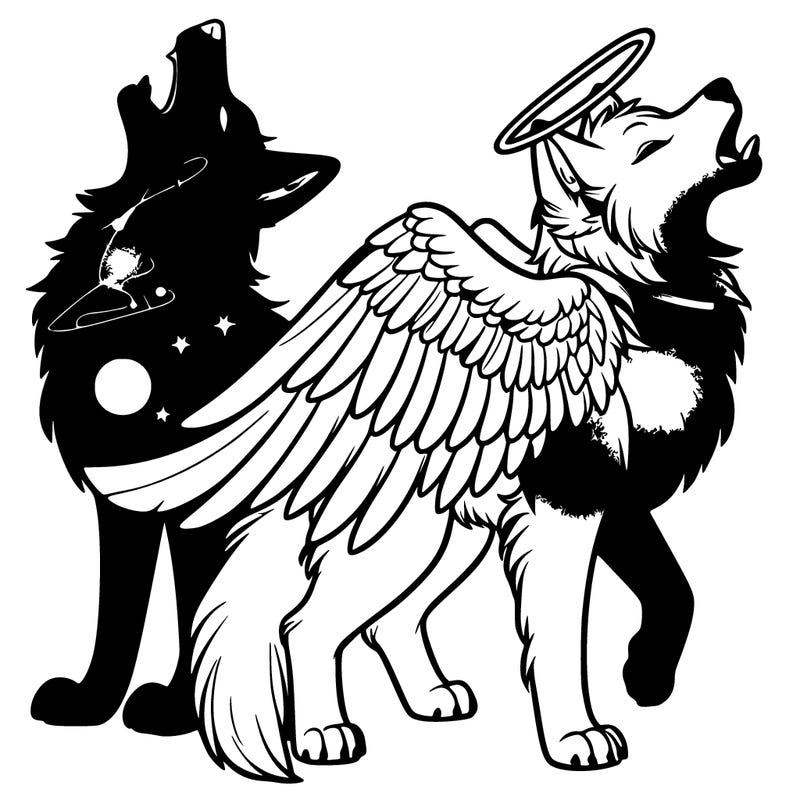 real life galaxy wolf howling with an angel wolf