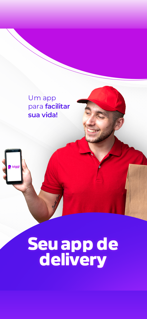 Biggi Delivery - Un repartidor sonriente con uniforme rojo sosteniendo un smartphone que muestra el logo de Biggi Delivery y llevando una bolsa de supermercado.