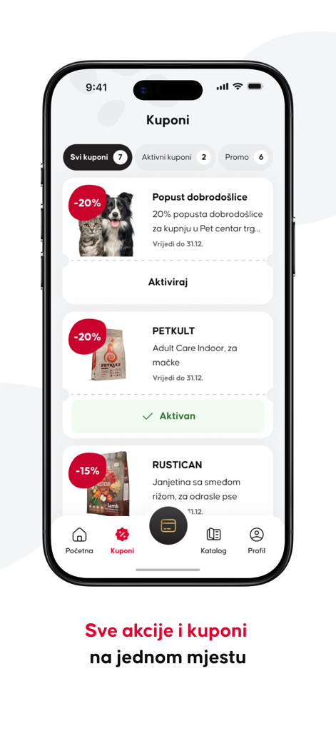 Pet centar HR - Screenshot of the Pet centar HR mobile app showing various discount coupons for pet food and accessories