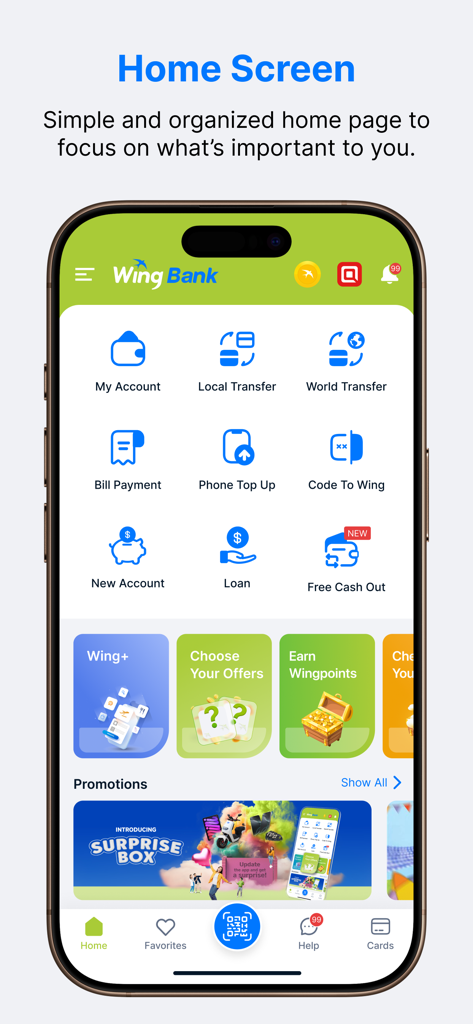 Wing Bank mobile app home screen showing international money transfer and utility bill payment features