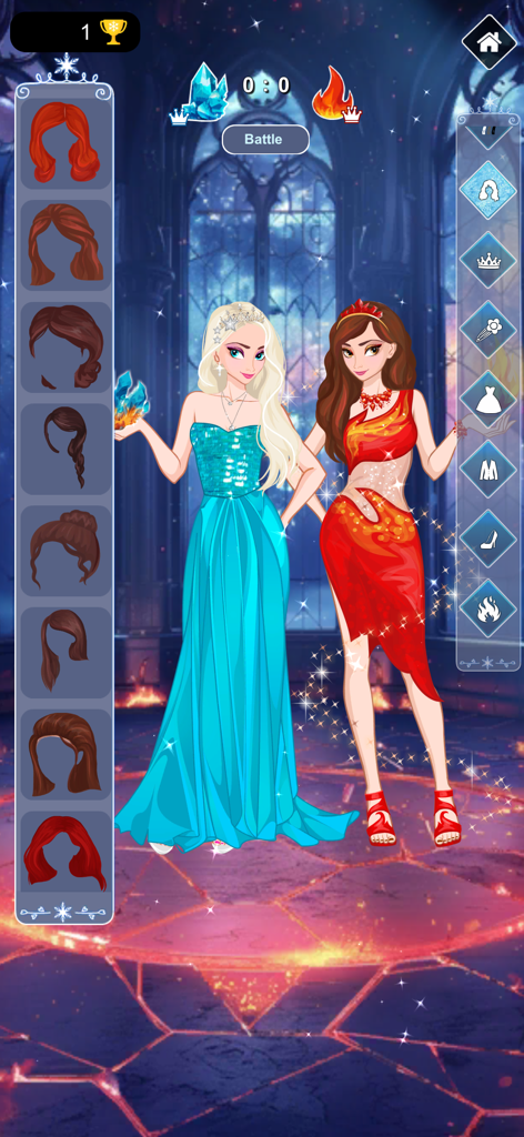 Ice & Fire Princess Dress Up - Two princesses dressed in ice and fire themed outfits for a fashion battle competition
