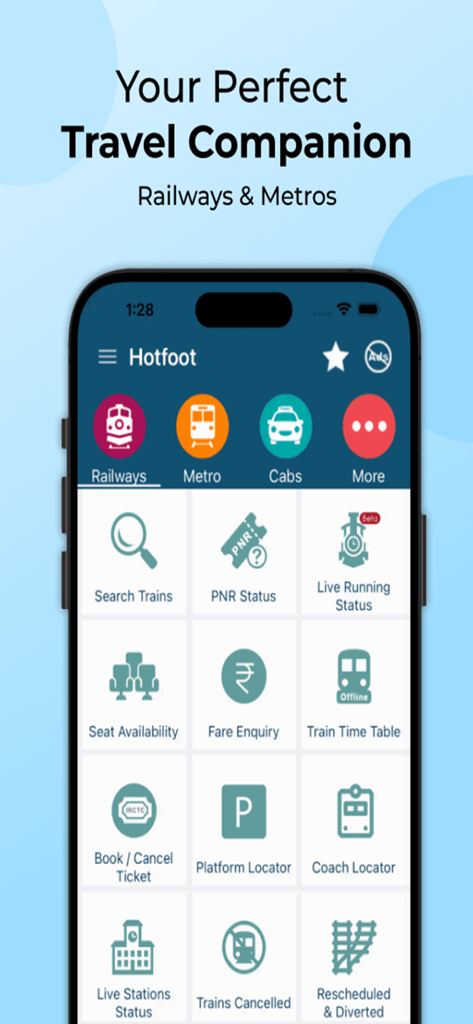 PNR, Live Train Status & Metro - Dashboard do aplicativo móvel Hotfoot para status de trem das Ferrovias Indianas e informações de metrô