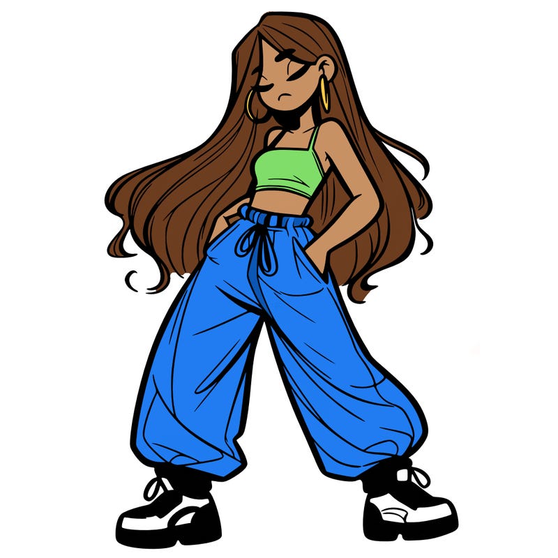 girl in baggy pants crop top and long hair
