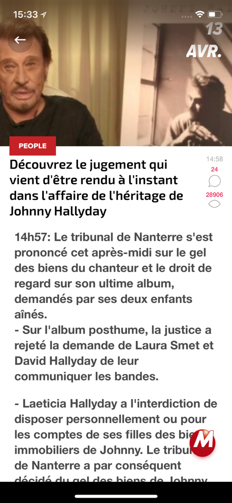 Screenshot of a news article about Johnny Hallyday's inheritance on the Morandini Blog app