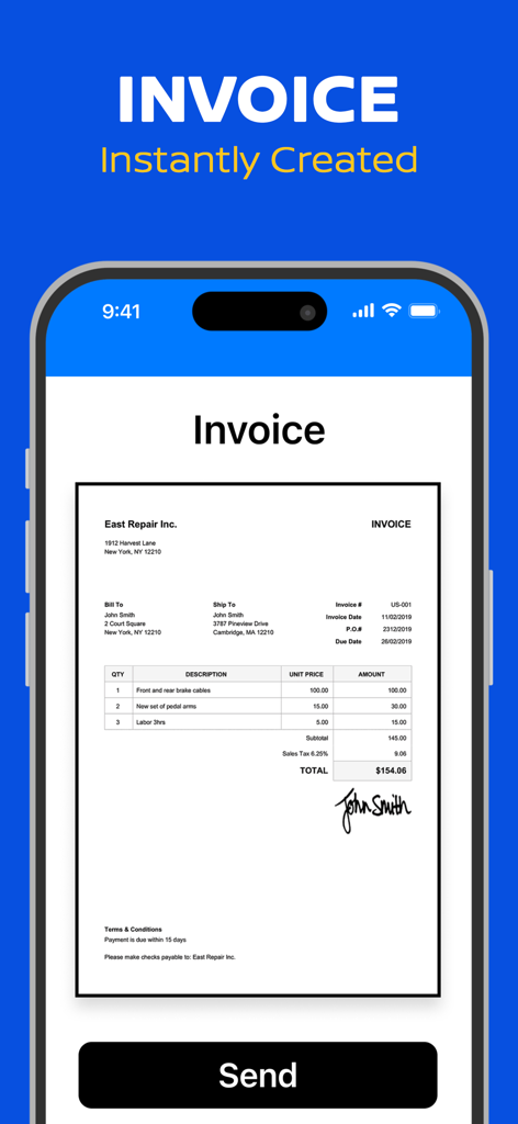 Invoice Maker: Receipt Tracker - Pantalla de iPhone que muestra una factura profesional para East Repair Inc creada instantáneamente con la aplicación