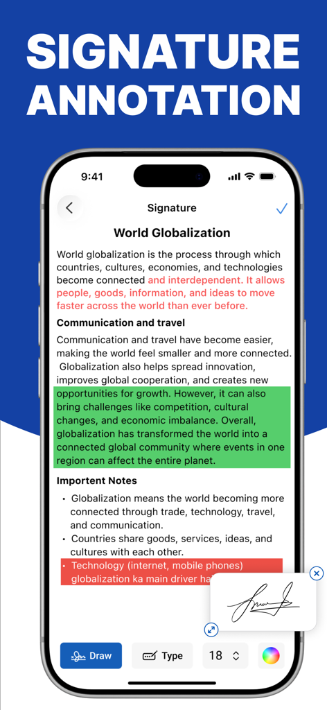 HP Smart Printer App • iPrint - An iPhone screen displaying the signature and annotation feature of the HP Smart Printer app on a document about world globalization.