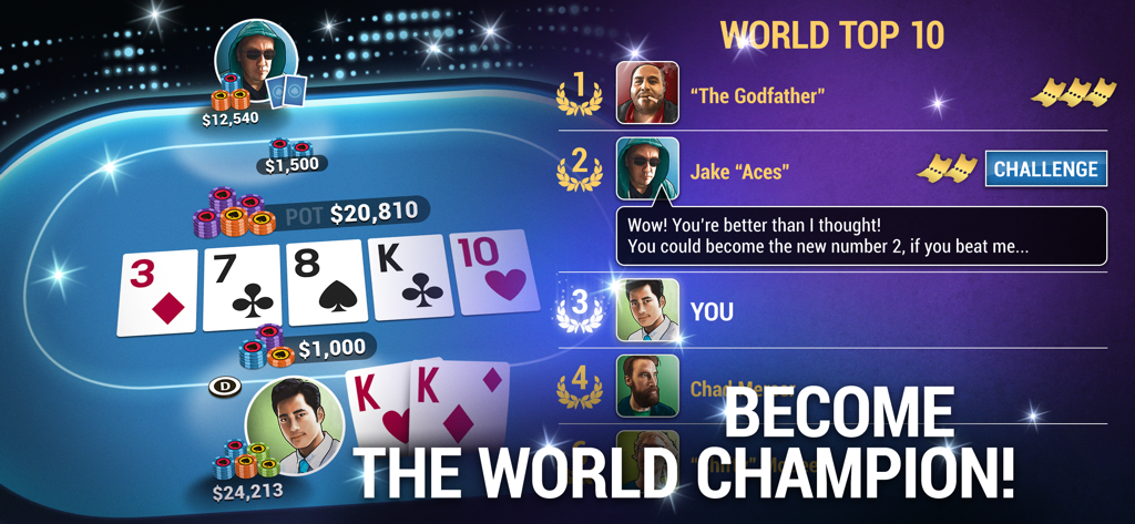 Gameplay of Poker World showing a Texas Holdem table and the World Top 10 leaderboard with a challenge to become world champion