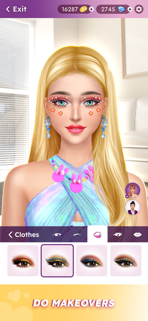 Teenager Fashion Dress Up Game - Un personaje de chica rubia con maquillaje de estrellas colorido en los ojos y accesorios en un juego de cambio de imagen de moda